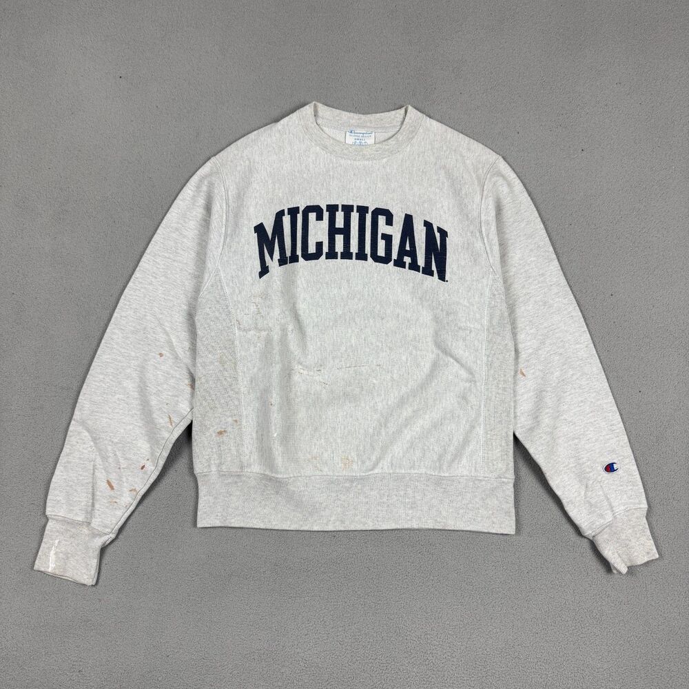 Champion Reverse Weave Mens Sweatshirt Michigan College Crewneck Grey Size S
